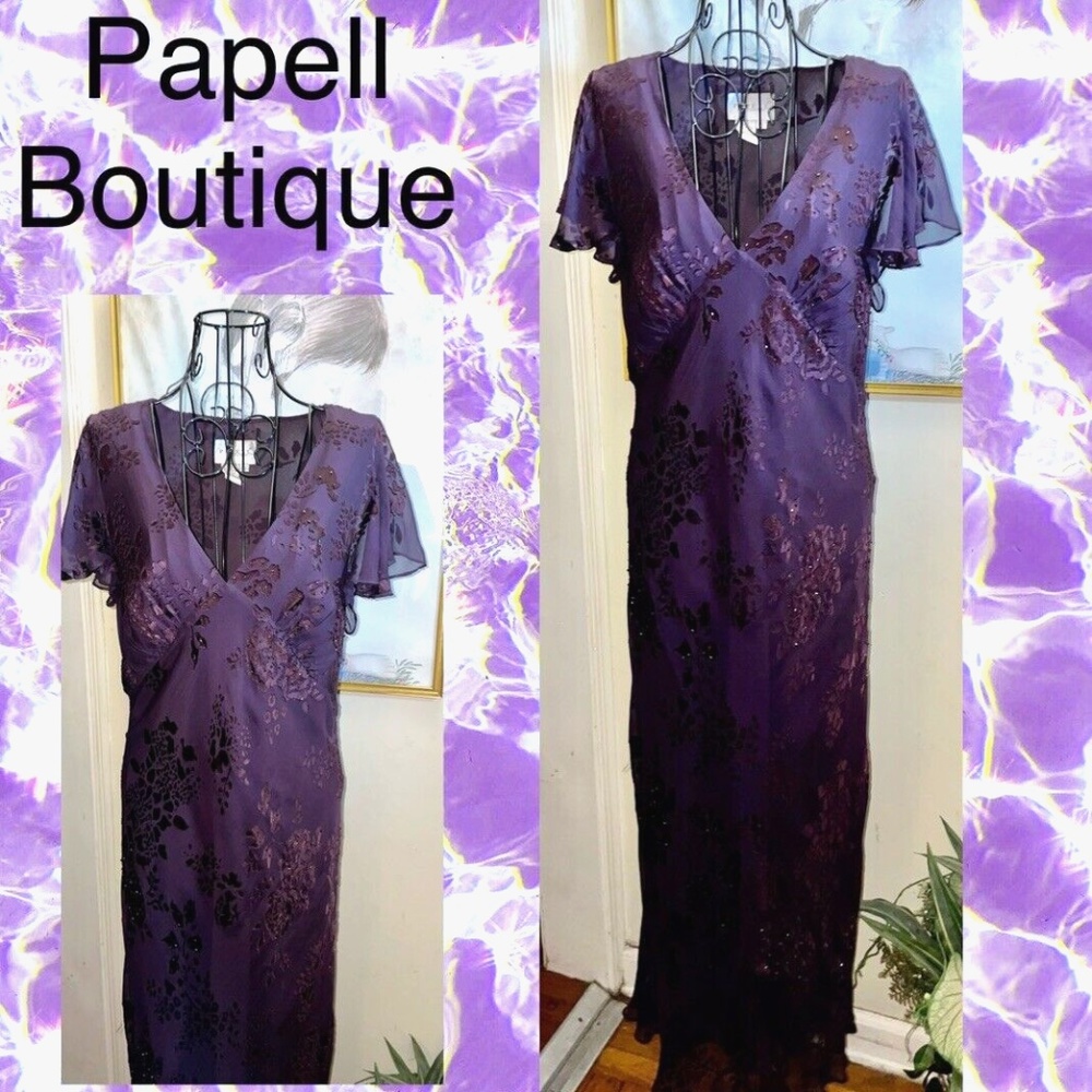 PAPEL BOUTIQUE VINTAGE PURPLE SILK BLEND BEADED DRESS~FULL LENGTH~V-NECKLINE~12